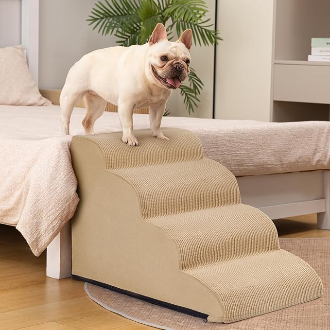 Aodisman Dog Steps for Bed, 4-Step Dog Stairs Ramp for Small Dogs and Cats, Indoor Non-Slip Pet Stairs Suitable for Older, Short-Legged, and Puppy Dogs to Climb Onto High Beds and Couch, 17.4" H,Khaki