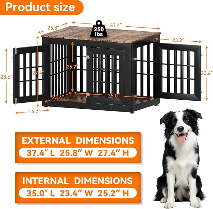 Snuowu 38" Heavy Duty Dog Crate Furniture for Small,Medium and Large Dogs,Rustic Wooden Dog Cage Kennel Indoor Furniture with Waterproof Top,Decorative Pet House Side End Table (Black & Wood)