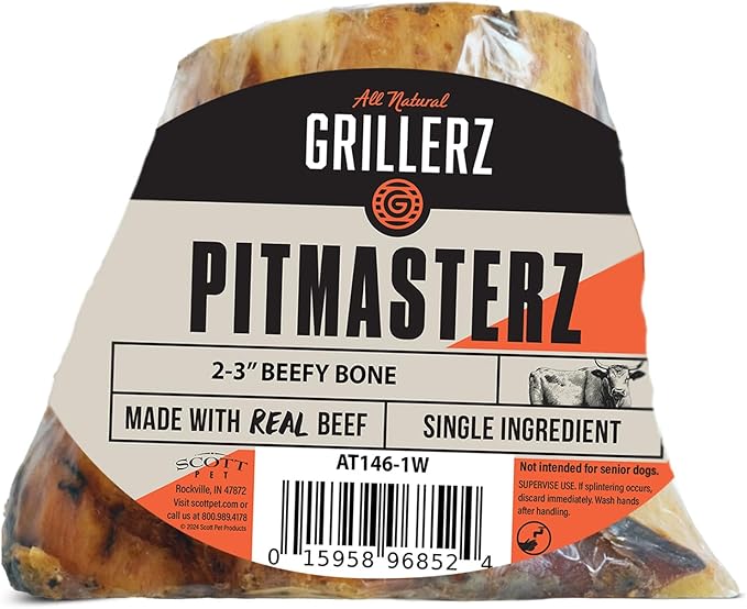 Scott Pet Grillerz 2-3 inch Beefy Bone, 1 Count, Rawhide Free, All Natural Treat for All Breeds, Long Lasting, Easy to Digest, Dog Chew for Healthy Teeth