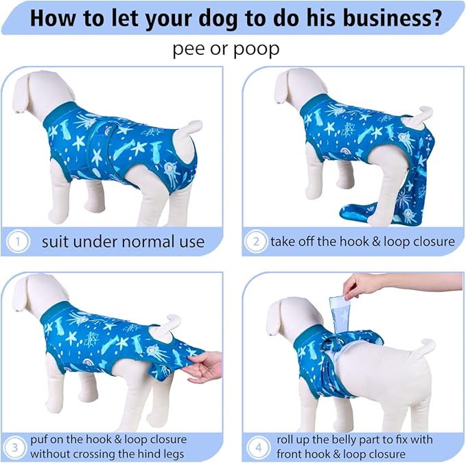 PetWarm Dog Suit for Surgery Recovery, Clothes for Dogs, Dog Onesie After Surgery, Lightweight Recovery Suit for Post-Op Comfort, Covers Sensitive Areas, Marine Animal Patterns, Blue, L