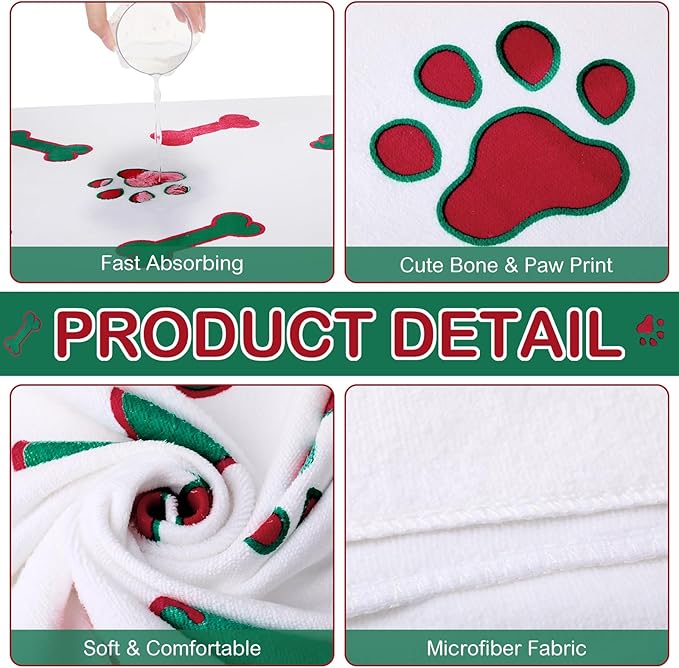 Chumia 8 Pcs Dog Towels for Drying Dogs Cats Pet Towels Bulk Puppy Microfiber Fast Drying Paw Bath Bathing Supplies Absorbent for Medium Pets(40 x 24 Inch,Dog Paw and Bone,Red Green)