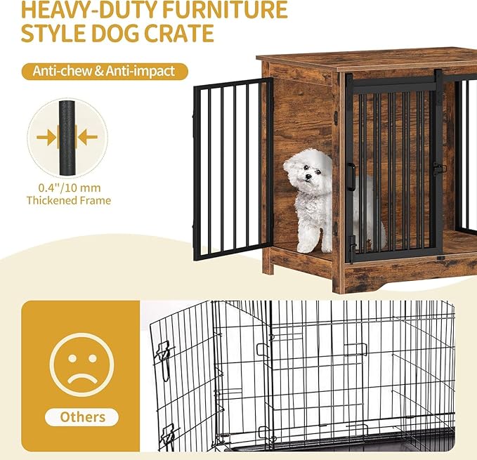 Hzuaneri 27.2" Dog Crate Furniture with Barn Door, Heavy Duty Dog Kennel Indoor with 2 Doors, Wooden Pet Cage End Table for Small Medium Dogs up to 22 lb, Anti-Chew Anti-Escape, Rustic Brown DFC84301B