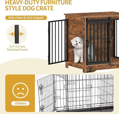 Hzuaneri 27.2" Dog Crate Furniture with Barn Door, Heavy Duty Dog Kennel Indoor with 2 Doors, Wooden Pet Cage End Table for Small Medium Dogs up to 22 lb, Anti-Chew Anti-Escape, Rustic Brown DFC84301B