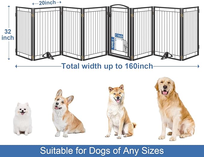 Metal Free Standing Dog Gate with Cat Door for Indoor/Outdoor,160" Extra Wide Foldable Pet Gate,32" Tall Foldable Indoor Dog Fence for Large Openings Stairs,Deck,Yard,Doorways(8 Panels,Black)