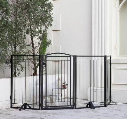 Full Metal Freestanding Dog Gate with Cat Door for Indoor & Outdoor,32" Tall Foldable Dog Fence,80" Extra Wide Freestanding Pet Gate for Large Openings,Stairs,Deck,Yard,Doorways(4 Panels,Black)