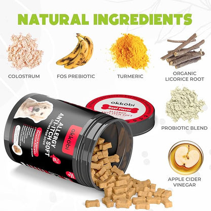 Dog Allergy Chews - 150 Pcs - Allergy Relief for Dogs - Supplements for Itchy Skin & Paw Licking - US Formula with Probiotics, Natural Ingredients, and Vitamins - Beef Flavor