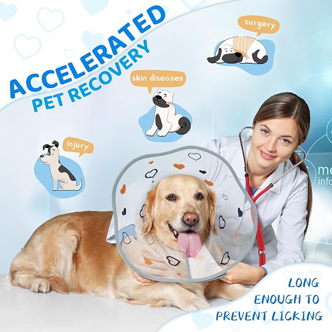 Dog Cone After Surgery - Soft, Comfortable, Adjustable Recovery Collar for Large, Medium, Small Dogs - Stop Licking with Soft Protect Edge (Love, M)