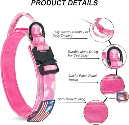 Hotsky Tactical Dog Collar, Adjustable Military Training Nylon Airtag Collar with Handle and Heavy Duty Metal Buckle for Medium Large Dogs, with Airtag Holder and Two Patches（Pink Camo,XL）