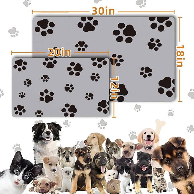 18"×30" Dog Food Mat-Absorbent Dog Mat for Food and Water, No Stains Quick Dry Cat Food Bowl Mat with Footprints for Messy Drinkers,Light Gray