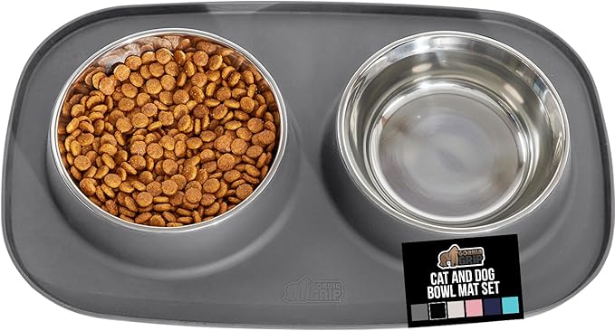 GORILLA GRIP Feeding Mat Bowl Set, 100% Waterproof BPA Free Silicone Base, 304 Stainless Steel Cat and Dog Bowls for Food and Water, Slip Resistant, High Edge, US Designed, Patent Pending, 2 Cup Gray
