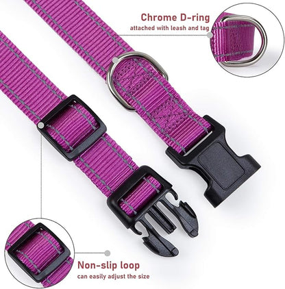 Reflective Dog Collar with Buckle Adjustable Safety Nylon Collars for Small Medium Large Dogs, Purple XS