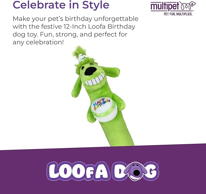 Multipet Loofa Dog Plush Toy w/ Birthday Hat - Squeaky Dog Toy for Dogs - Soft Plush - Stuffed Animal Dog Toys for Playing (1 Count, 12”, Random Color Surprise)