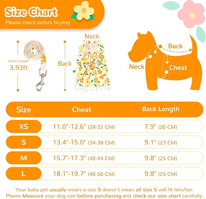ABRRLO Dog Harness Dress Leash Set for Small Dog Summer Clothes Girl Female Puppy Cats Outfits Cute Floral Bowknot Princess Birthday Dress for Extra Small Pet Doggie Kitten Outfits Apparel(Yellow,S)