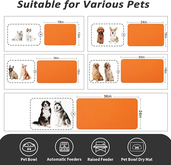 HotLive Dog Food Mat - Absorbent Cat Mat for Food and Water, No Stains Pet Feeding Bowl Mat, Easy to Clean Pet Placemats, Quick Dry Dog Water Dispenser Mat for Messy Drinkers | Orange 24"x36"