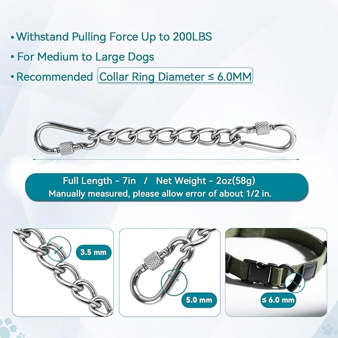 Dog Collar Safety Clip, Chew Proof Prong Collar Double Ended Backup Clasp Stainless Steel, Heavy Duty Dog Chain Leash Connector for Harness, Pinch, Gentle Lead with Carabiner, 7in