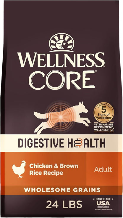Wellness CORE Digestive Health Adult Dry Dog Food, Wholesome Grain Kibble, Sensitive Stomach, Natural, High Protein, Chicken Recipe, 24 lb Bag