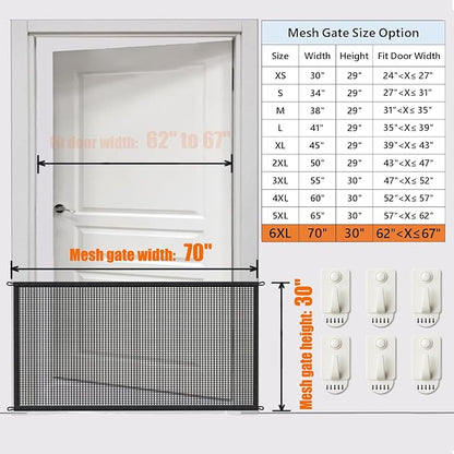 Magic Mesh Dog Gate for Doorways – Indoor Pet Gate 30"x70" for Kitchen, Stairs, Hallway, Fits 64–66" Wide Openings