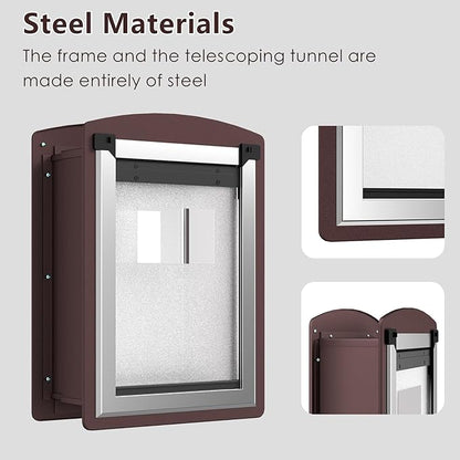 Dog Door for Wall, Dog Door with Double Magnetic Flaps, Double Lock Panels, Steel Frame and Telescoping Tunnel, Doggie Door for Interior and Exterior Wall, Medium, Coffee Color