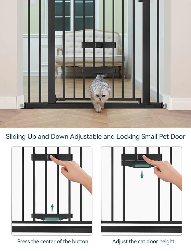 Babelio New Version Baby Gate with Cat Door Adjustable, 29-40" Metal Pet Door for Stairs & Doorways, Pressure Mounted, No Tools Needed, Black