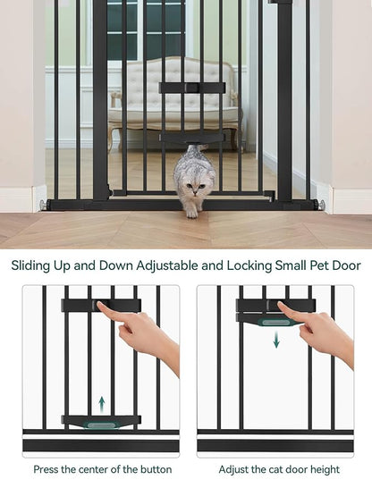 Babelio New Version Baby Gate with Cat Door Adjustable, 29-40" Metal Pet Door for Stairs & Doorways, Pressure Mounted, No Tools Needed, Black