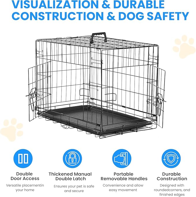 Simple Deluxe 24-Inch Small Dog Crate with Divider, Double Door Folding Metal Wire Cage with Leak-Proof Plastic Tray, Portable Pet Kennel for Indoor, Outdoor, and Travel