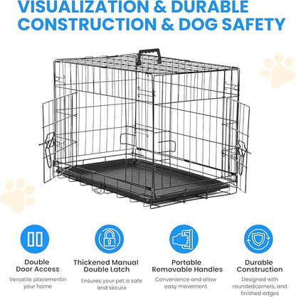 Simple Deluxe 24-Inch Small Dog Crate with Divider, Double Door Folding Metal Wire Cage with Leak-Proof Plastic Tray, Portable Pet Kennel for Indoor, Outdoor, and Travel