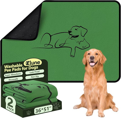 Washable Pee Pads for Dogs Reusable, 2 Pack 36"x51" Training Puppypads Absorbency Non-Slip & Leak-Proof for Pet Whelping Box Playpen Crate Sofa Bed Floors (Green)