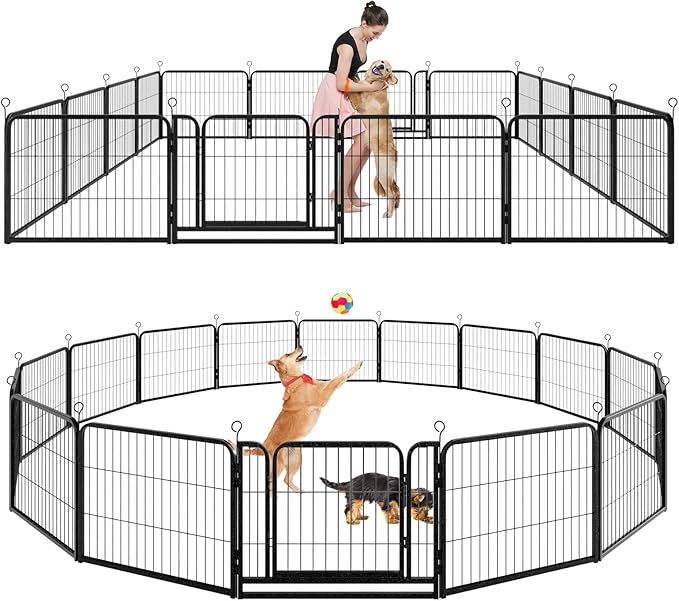 Kfvigoho Dog Playpen Outdoor Extra Wide 16 Piece Panels Heavy Duty Dog Fence 24" Height Anti-Rust with Doors Portable for RV Camping Yard, Total 29FT, 68 Sq.ft, Snowy Black