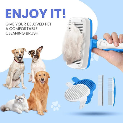 Self Cleaning Shedding Brush - 5-in-1 Professional Pet Grooming Kit Skin Friendly Grooming Tool for Dogs, Cats, and Puppies, Deshedding and Hair Removal for Long and Short Haired Pets（Blue-White）