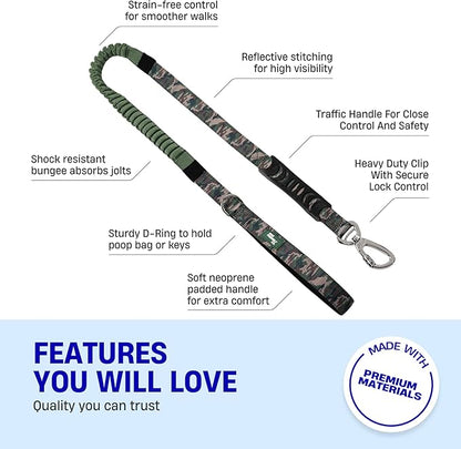 Dog Friendly Co. Bungee Dog Leash | Strain Free & Shock Resistant for Control | Neoprene Padded Handle, Heavy-Duty Carabiner Clip, and D-Ring | Green Camo, Size Small