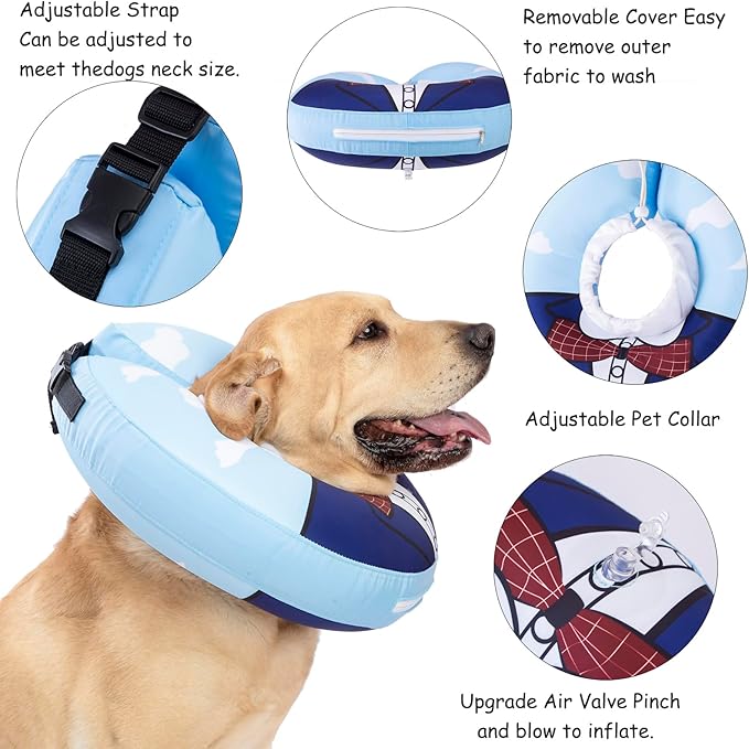 Inflatable Dog Cone Collar,Waterproof Soft Dog Donut Cone for Large Medium Small Dogs Cats, Recovery Pet E-Collar Alternatives After Surgery (Suit Blue, Medium)
