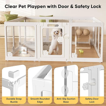 24“ Acrylic Clear Dog Play Pen Indoors 10 Panels, Puppy Playpen with Door for Small Dogs Puppies, Transparent Plastic Pet Playpen Cage Fence Crate Kennel for Cat Kitten Rabbit Bunny Ferret etc