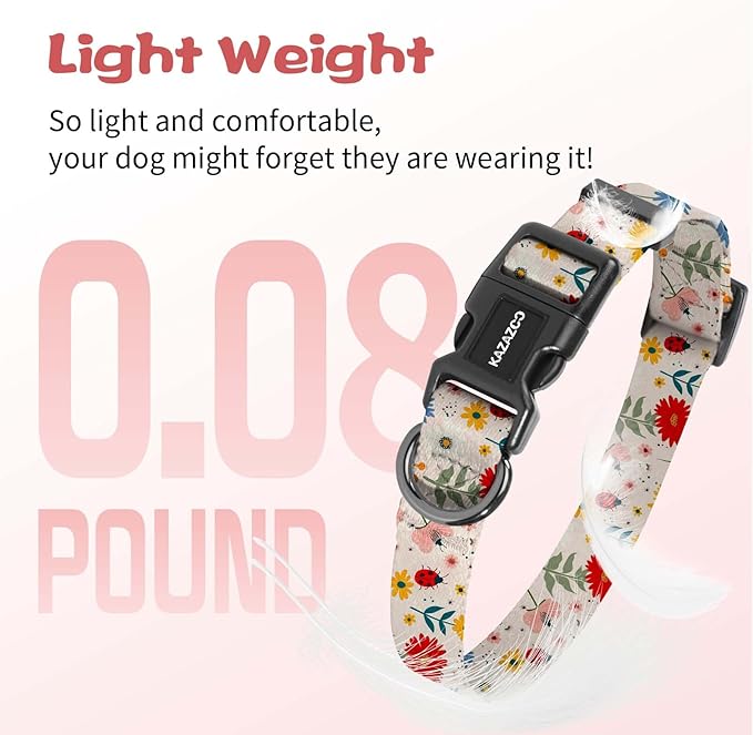 Kazazoo Dog Collar Cute and Soft Nylon Puppy Collar for Boy and Girl, Adjustable Dog Collars for Small Medium Dogs, Ladybugs and Flowers-M