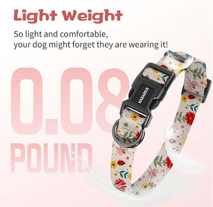 Kazazoo Dog Collar Cute and Soft Nylon Puppy Collar for Boy and Girl, Adjustable Dog Collars for Small Medium Dogs, Ladybugs and Flowers-M