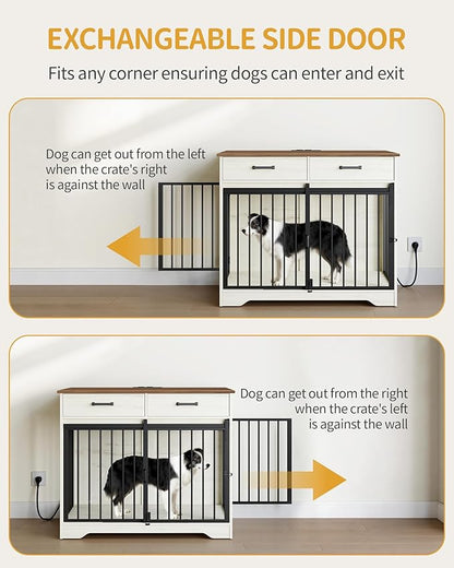 Hzuaneri 38.2'' Dog Crate Furniture with Charging Station, Barn Door Dog Kennel Indoor with 2 Storage Drawers, Wooden Pet Cage End Side Table for Medium/Large Dogs, Chew-Proof, White Brown DFC90314B