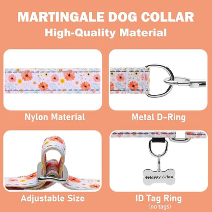 Reflective Martingale Collar for Dogs Nylon Training Collar with No Buckle Cute Floral No Pull Dog Collar for Small Dogs（White Flower，S）