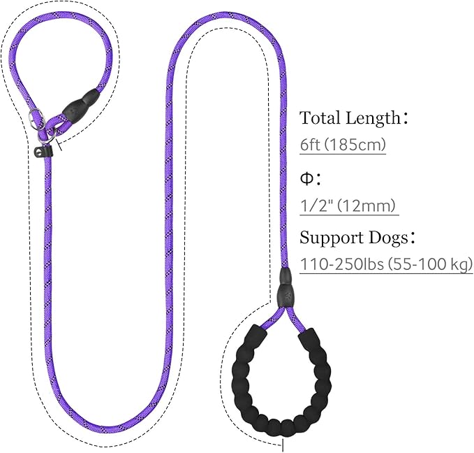 TagME Slip Leads for Dogs that Pull, 6 FT No-Pull Training Leash with Lock, Escape-Proof Design, Reflective & Padded Handle for Large Dogs, Purple