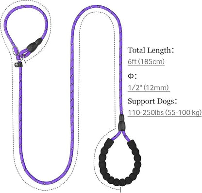 TagME Slip Leads for Dogs that Pull, 6 FT No-Pull Training Leash with Lock, Escape-Proof Design, Reflective & Padded Handle for Large Dogs, Purple