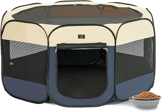 Dog Playpen for Small Dogs & Puppies, 50.39" Portable Indoor Outdoor Puppy Playpen with Bowl, Waterproof Floor, Foldable Pop-Up Pet Pen for Home, Travel & Daily Use, Blue+Beige