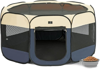 Dog Playpen for Small Dogs & Puppies, 50.39" Portable Indoor Outdoor Puppy Playpen with Bowl, Waterproof Floor, Foldable Pop-Up Pet Pen for Home, Travel & Daily Use, Blue+Beige