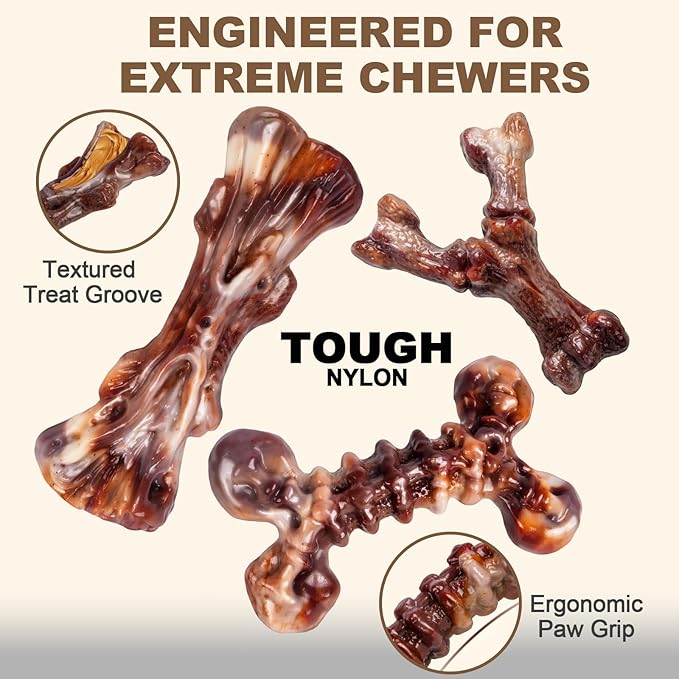 Kseroo Indestructible Dog Toys for Aggressive Chewers 3-Pack: Bacon Flavored Dog Chew Toys, Tough Dog Toys for Medium & Large Dogs (20-90lbs), Heavy Duty Nylon Dog Bone Toys to Keep Them Busy, Brown