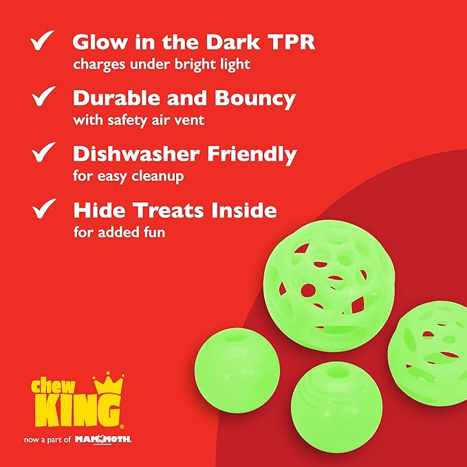 Chew King by Mammoth Glow-in-the-Dark Dog Fetch Balls (4-Pack Combo), Lattice & Rubber Fetch Toys for Night Play, High Bounce, Rechargeable Under Any Light, Multiple Sizes