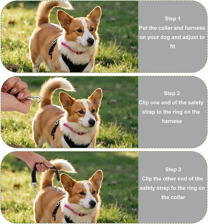 3pcs Dog Prong Collar Safety Clip, Adjustable Reflective Nylon Leash Extender Strap with Metal Dual Clasps 360° Rotatable Dog Harness Connector for Pet Walking Running and Hiking