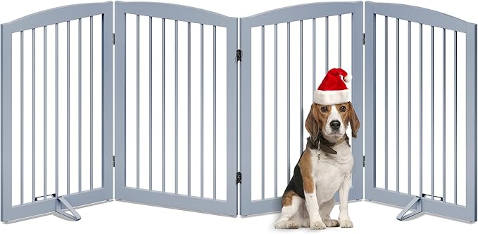 PUPETPO Freestanding Pet Gate for Dogs, Indoor Wooden Dog Gate for House, Foldable Dog Gate for Doorway, Stair, Gates for Dogs Indoor, 80 Inch Wide, 4 Panels 32", Grey