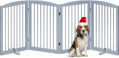 PUPETPO Freestanding Pet Gate for Dogs, Indoor Wooden Dog Gate for House, Foldable Dog Gate for Doorway, Stair, Gates for Dogs Indoor, 80 Inch Wide, 4 Panels 32", Grey