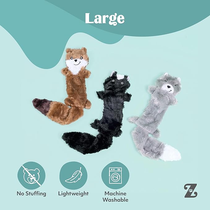 ZippyPaws Skinny Peltz - No Stuffing Dog Toy Pack to Keep Them Busy, for Medium and Large Dogs, Squeaky Pet Toys, Unstuffed Chew Toys, Soft Plush Variety Pack, Weasel, Skunk, and Wolf - 18"