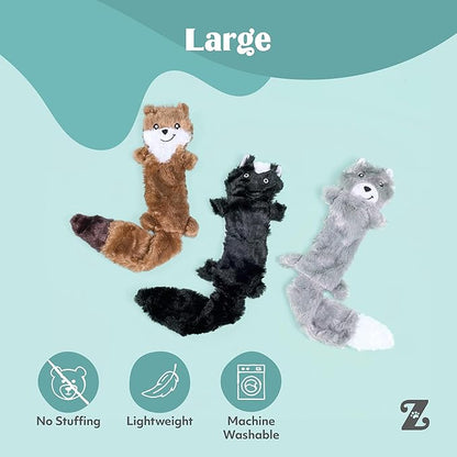 ZippyPaws Skinny Peltz - No Stuffing Dog Toy Pack to Keep Them Busy, for Medium and Large Dogs, Squeaky Pet Toys, Unstuffed Chew Toys, Soft Plush Variety Pack, Weasel, Skunk, and Wolf - 18"