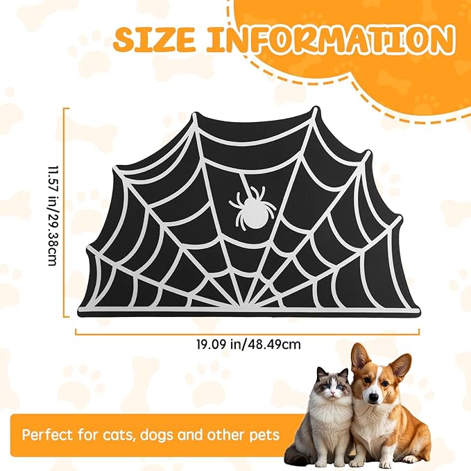 Dog Cat Food & Water Mat, Spider Web Pet Feeding Mat for Floor Non-Slip Waterproof, Super Absorbent Quick Dry Placemat Pet Food Bowl Mat, Halloween Decor, Pets Accessories Indoor (12 * 20 in)