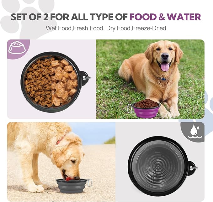Collapsible Dog Bowl Large 2 Pack, Dog Water Bowls for Travels, Portable Foldable Pet Bowls Feeding Watering Dish for Parking Walking Camping with 2 Carabiners Clip (34oz, Large, Grey+Purple)