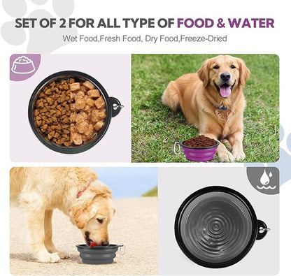 Collapsible Dog Bowl Large 2 Pack, Dog Water Bowls for Travels, Portable Foldable Pet Bowls Feeding Watering Dish for Parking Walking Camping with 2 Carabiners Clip (34oz, Large, Grey+Purple)